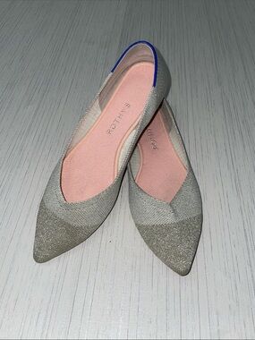 Rothy's Pointed Toe Flats in Silver Knit with Pink Insole and Blue Trim